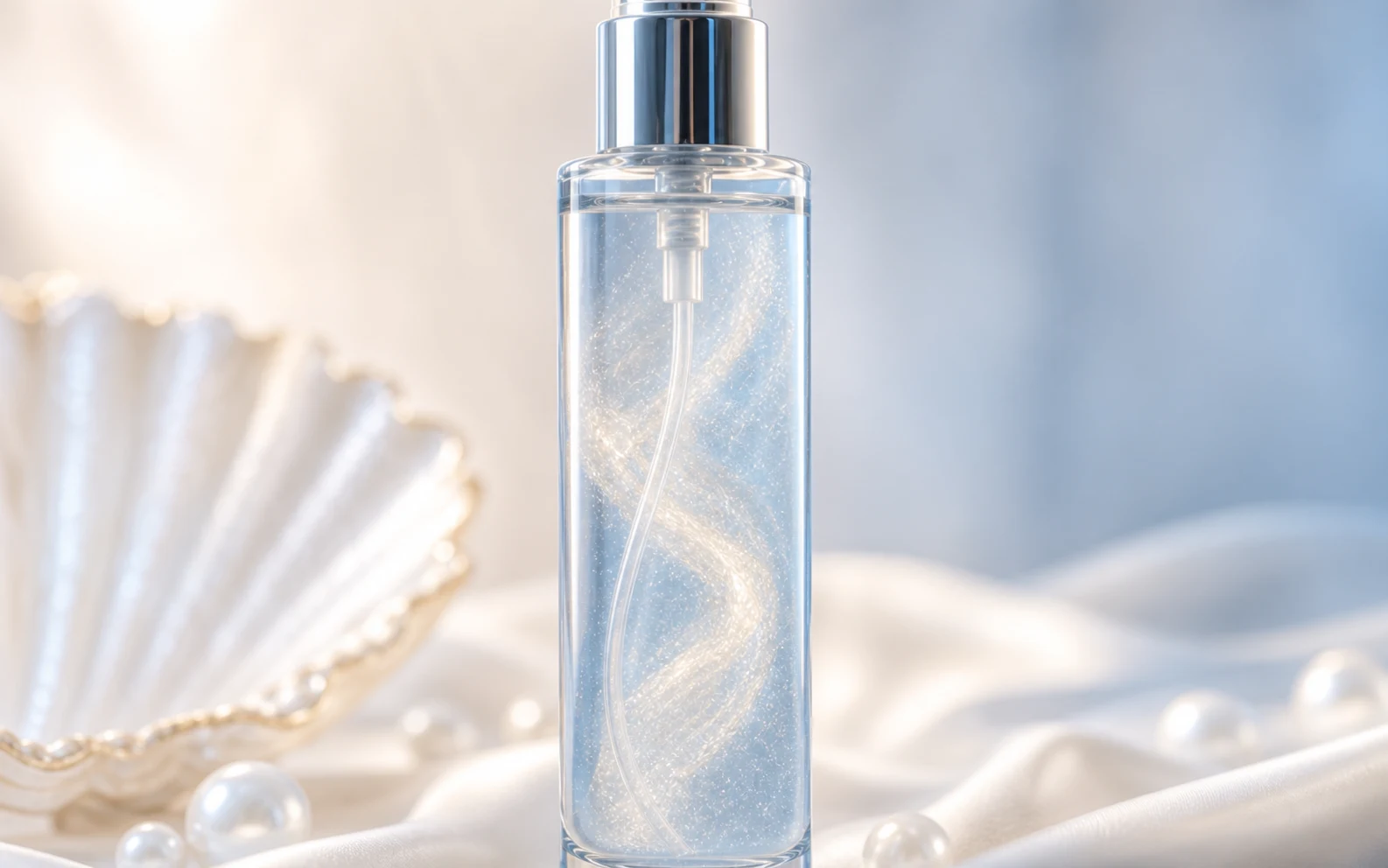 Redemoinho de mica perolada visível dentro do frasco de perfume